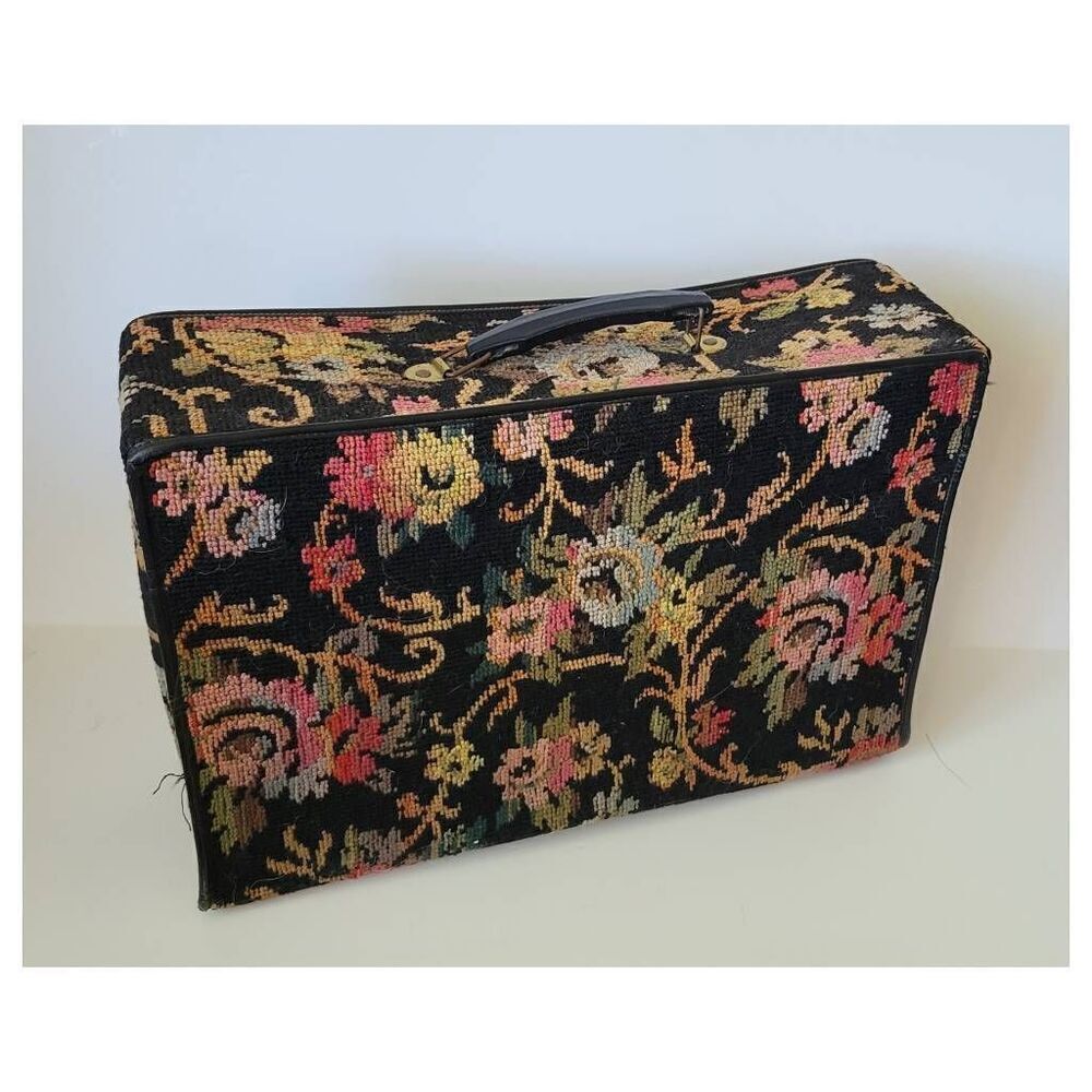 Antique 1920's French Floral Needlepoint Luggage Carry On